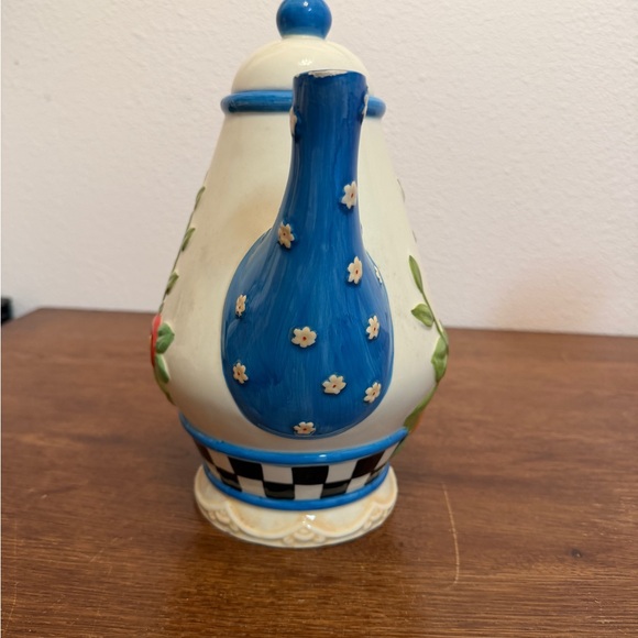 Mary Engelbreit Floral Teapot Enesco 2003 Blue Checkerboard - Picture 5 of 7